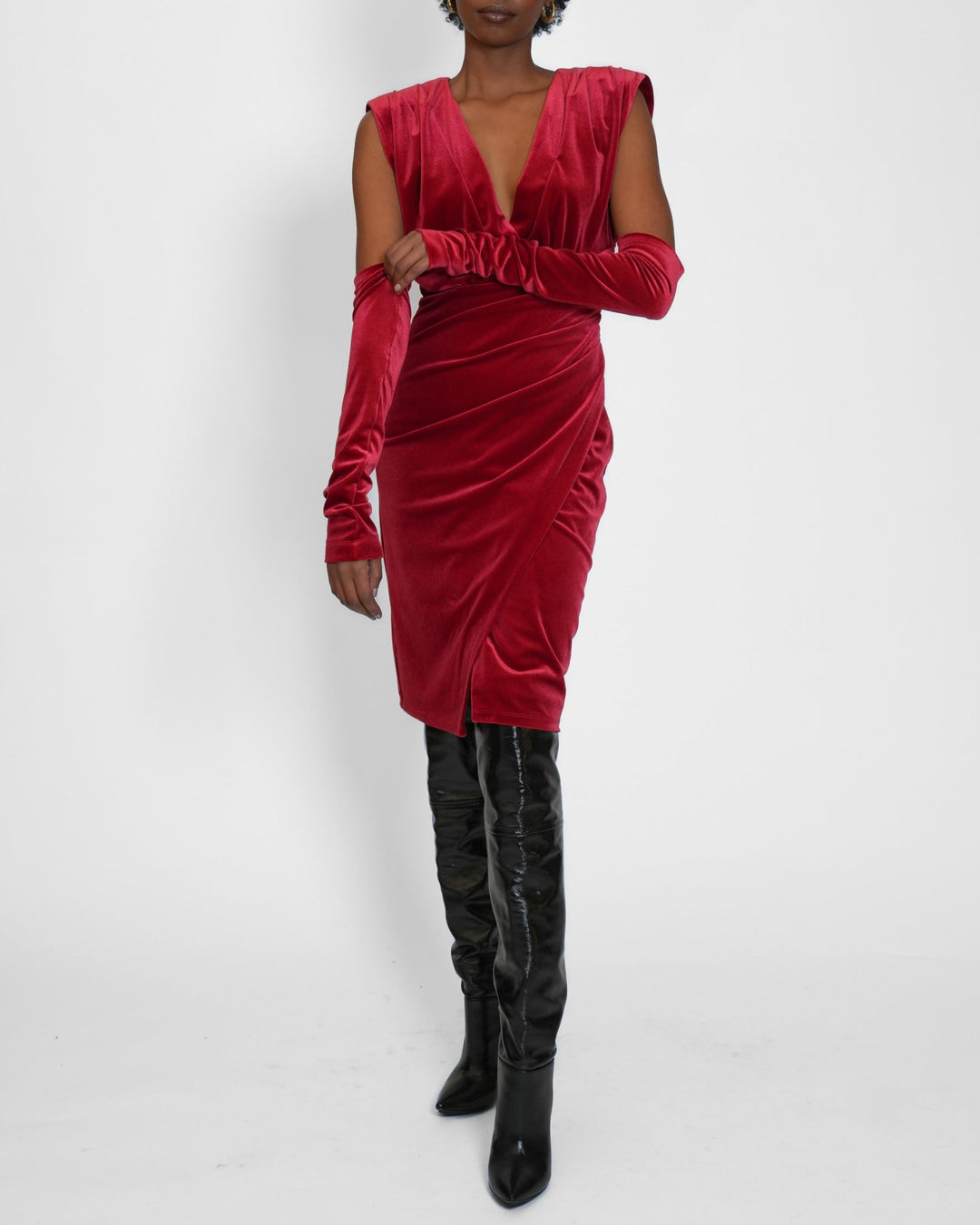 Velvet Padded Shoulder Dress red